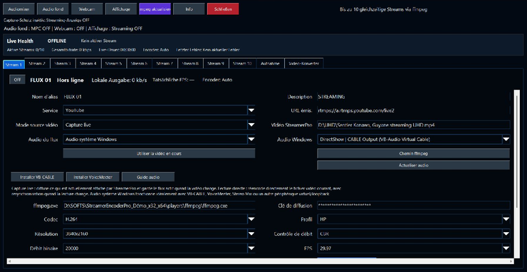 StreamerPro 3.56.26 mit Lizenz: alle zehn Streams im Streaming-Panel sichtbar, offline