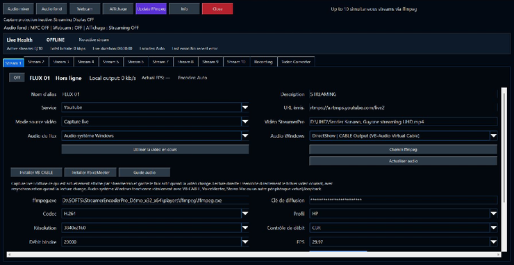 Licensed StreamerPro 3.56.26: all ten streams visible in the Streaming panel, offline