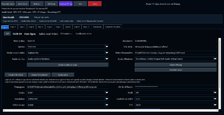 StreamerPro 3.56.26 con licencia: los diez flujos Streaming visibles, sin conexión