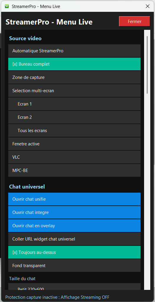 Menu Live StreamerPro