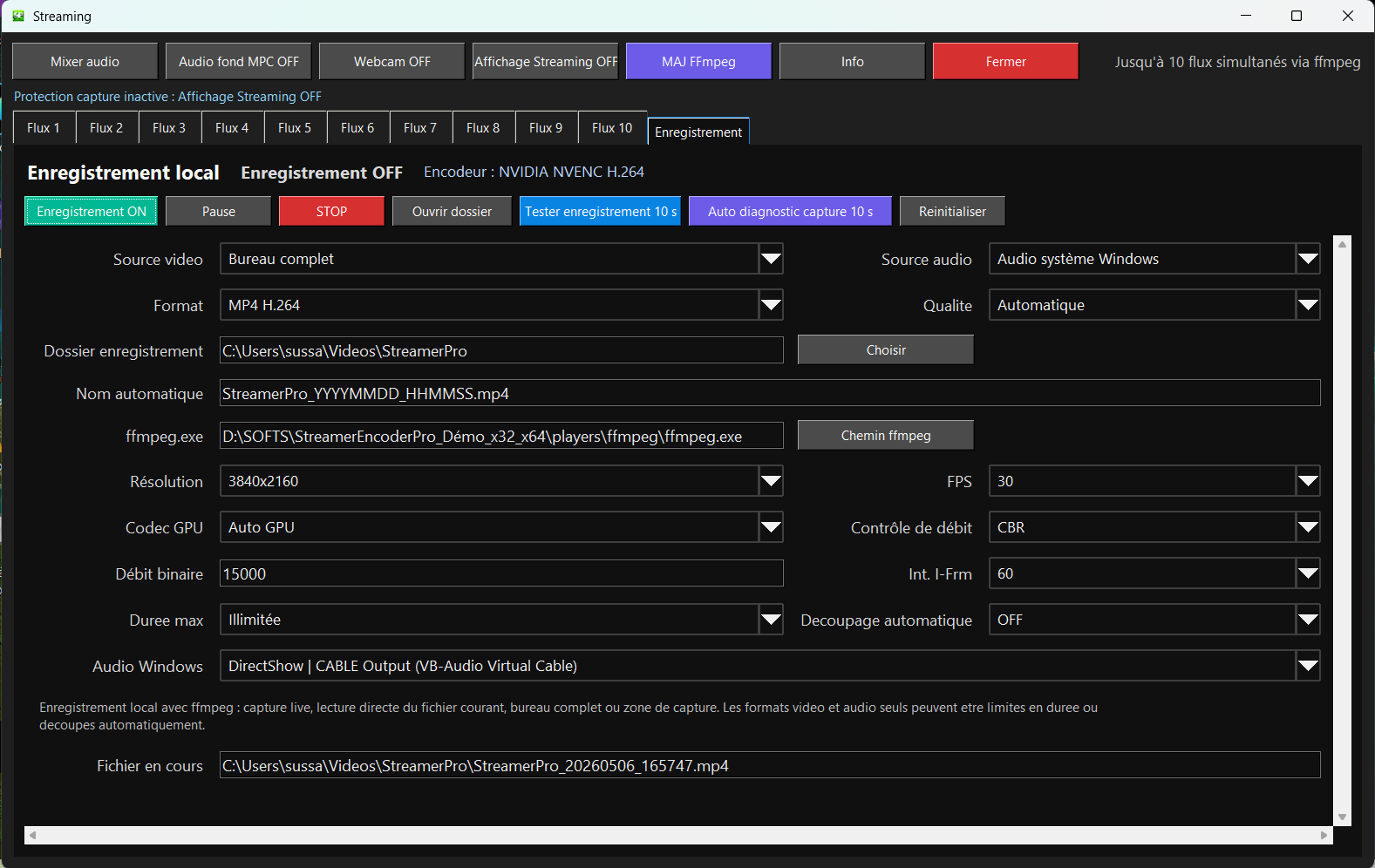 Fenêtre d'enregistrement local StreamerPro